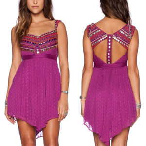 RARE Free People Chevron Beaded Mini Dress 6 Fuchsia Jewel Coins Open Back *Read